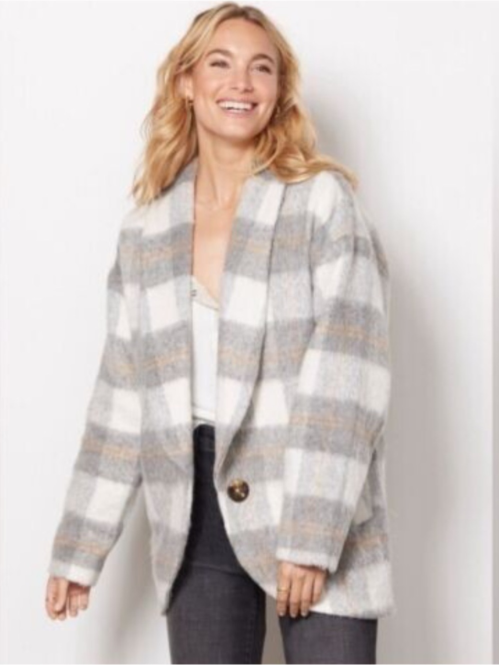 Evereve Selene Plaid Oversized Coat Jacket Gray Cream Wool Blend XS